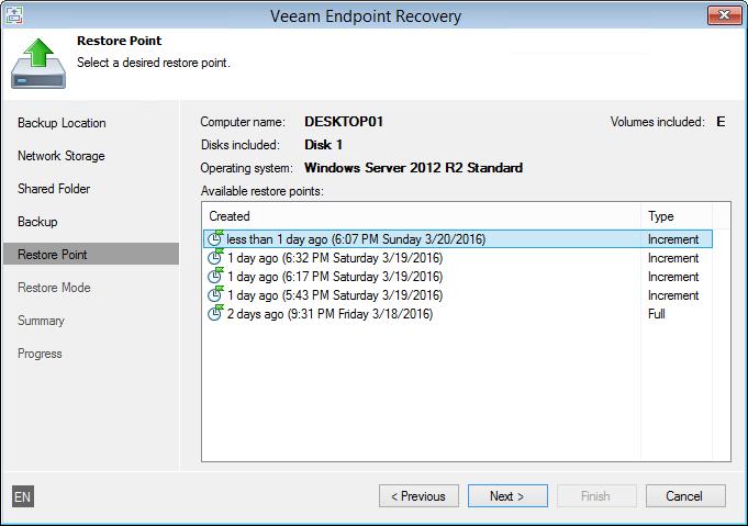 Step 9. Select Restore Point At the Restore Point step of the wizard, select a restore point from which you want to recover data. By default, Veeam Endpoint Backup uses the latest restore point.