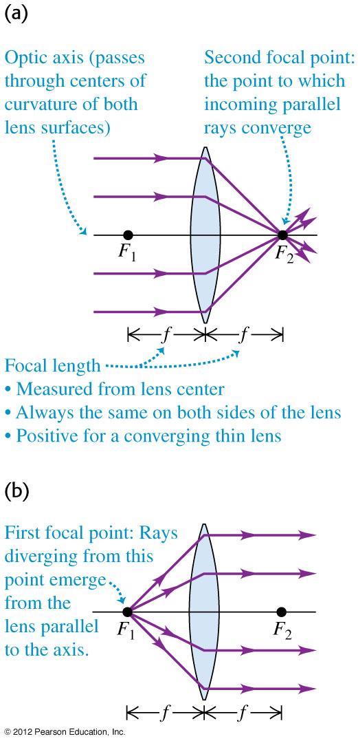 Thin Converging Lenses Focal length is distance from the lens parallel incoming rays converge.