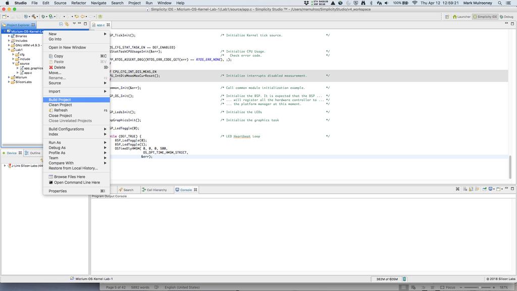 Building the Application Code Once you have added the necessary code to app.c, you can build your project.