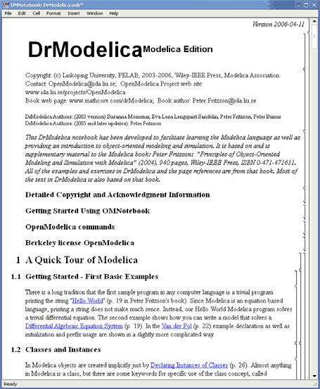 The start page (main page) of DrModelica in the OpenModelica notebook system. This is exemplified by Fig. 8, showing the DrModelica main page (start page) in the teaching material. Fig. 7.