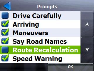 Rydeen GPS Configurations Prompts Figure 28 Prompt Button Tap Tap the Prompts button to select the types of notifications that you would like to use or her while driving.