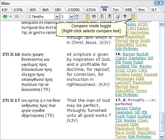 Main Window and Panels 12 Sample Bible panel showing compare mode New Testament-only Bible texts Some Bible texts in SwordSearcher are only New Testament texts (namely the TR and WH modules, and the