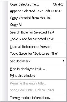 15 SwordSearcher 5 Sample Books and Dictionaries pop-up menu Most of these functions are self-explanatory.