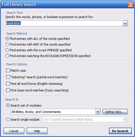 37 SwordSearcher 5 Sample Full Library Search dialog Search Text: Specify the word, words, phrase, or expression 40 to search for here. Search Method controls how your search will be performed.