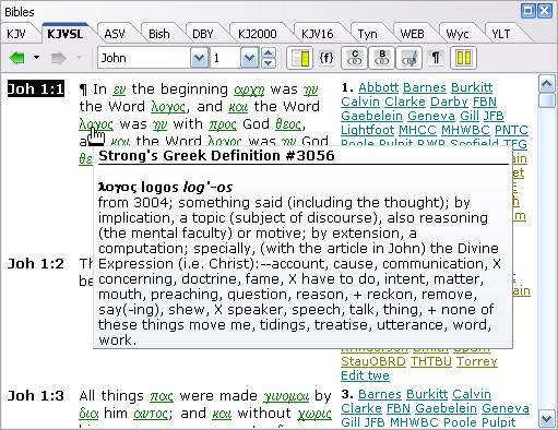 Searching and Indexing 52 Sample of the KJVSL Bible module, showing pop-up Strong's definition (Note: The definition portion of the pop-up is not included in the evaluation version.