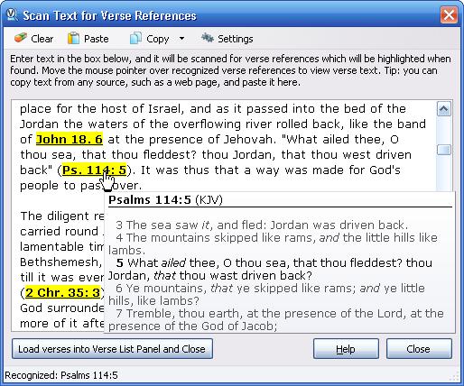 Searching and Indexing 54 Sample image of Scan Text for Verse References tool In the above example, text was copied from Internet Explorer using the Windows clipboard.