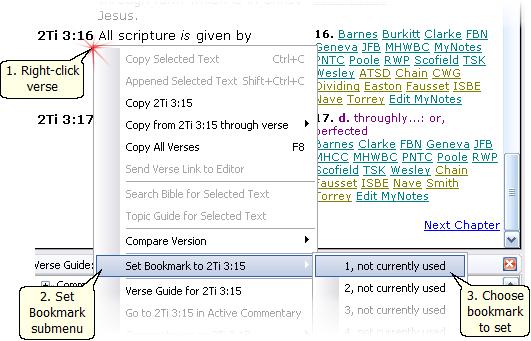 Using Bookmarks 8 64 Using Bookmarks SwordSearcher's bookmark system allows you to bookmark Bible verses, book entries, and commentary entries. You may set a total of ten bookmarks at a time.