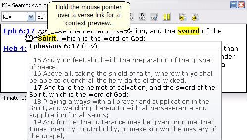 If we hold the mouse pointer over a verse link in the Verse List, a preview of the context is shown. If needed, the link can be clicked to examine the entire chapter in the Bible panel.