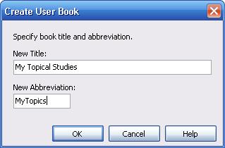 67 SwordSearcher 5 Sample New User Book dialog Specify the name and abbreviation for the new book module.