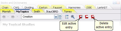 Creating Your Own Books and Commentaries 68 Book panel buttons for editing user entries Clicking the Edit Entry button opens the Editor 69 for the active entry.