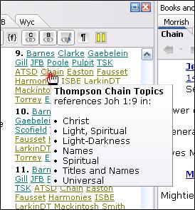 Quick-Start 6 Sample image showing the mouse cursor over the Thompson Chain Reference (Chain) link for John 1:10.
