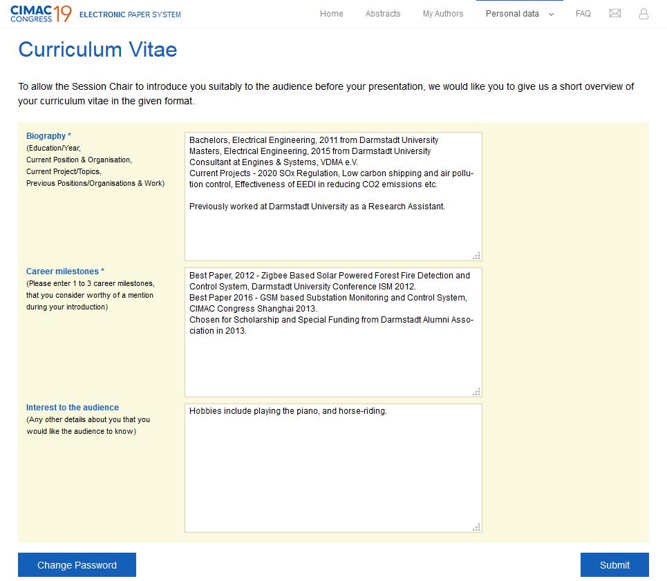 The Curriculum Vitae page is as shown below.
