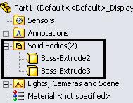 When a part contains more than one solid body a new category appears in the Feature manager called Solid Bodies. This lists the number of separate solid bodies contained in the model.