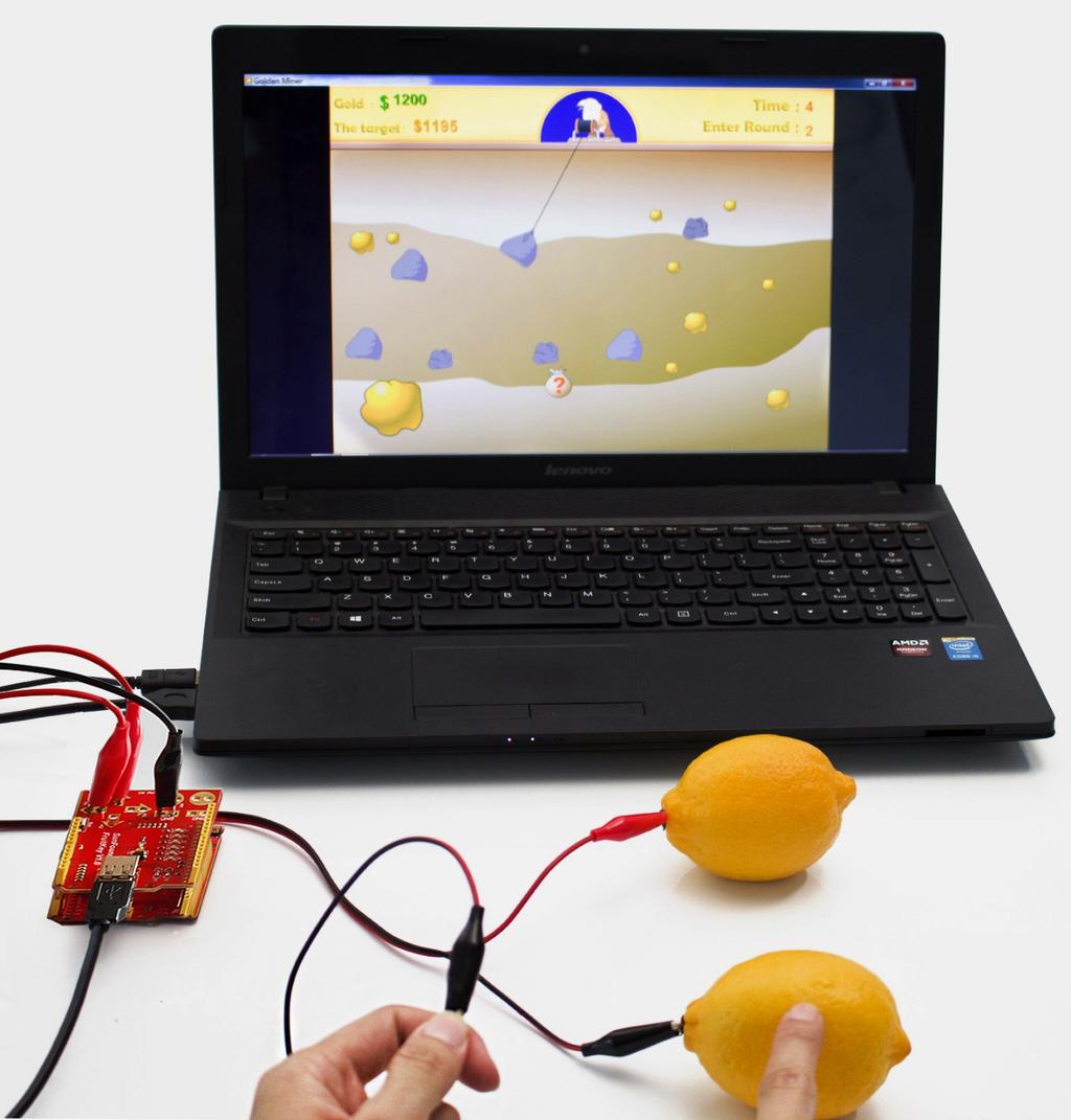 Connect the FruitKey to two objects by alligator clips, such as your fingers and a lemon. When you touch the when holding the other clip, an electric circuit is generated.
