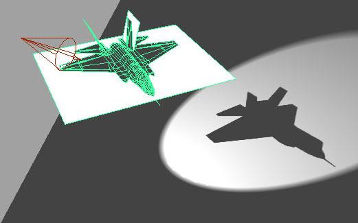 The proposed technique can be understood by closely examining projective texturing. See Figure 3 below. Figure 3. a) F-35 Example of a Cast Shadow. b) Projective Texture Shown at the Light Source.