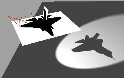 This image was created by rendering the airplane from the point of view of the light source, creating a grayscale silhouette image of the F-35 that was then used as a projected planar shadow, just