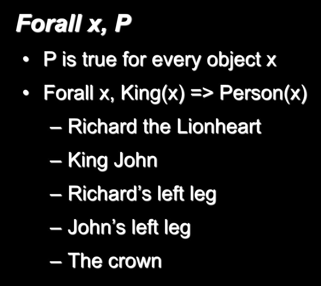 Universal Quantification Forall x, P P is true for every object x Forall x, King(x) =>