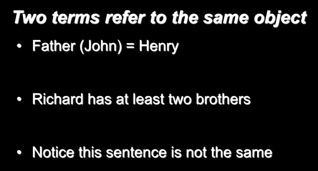 Equality Two terms refer to the same object Father (John) = Henry