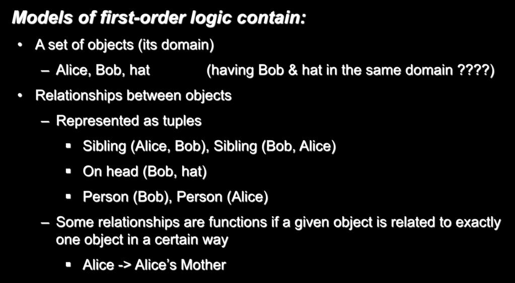 Formal structure of first-order logic Models of first-order logic contain: A set of objects (its domain) Alice, Bob, hat (having Bob & hat in the same domain?