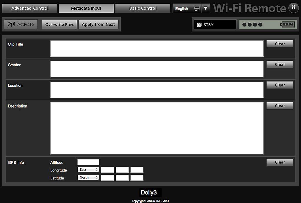 Wi-Fi Remote: [Metadata Input] Single-user operation/[user 3] only Using Wi-Fi Remote you can create, edit and transfer to the camcorder a metadata profile that includes the User Memo information
