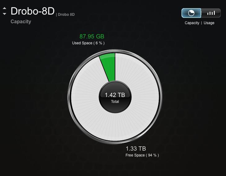 1.7.1.1 Viewing Capacity Chart The capacity chart gives you a quick glance, and visual, of how your drive space is being used on the Drobo 8D. To view the capacity chart: 1.