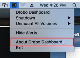 1.7.5 Checking the Current Version of Drobo Dashboard To check the current version of Dobo Dashboard installed, follow these steps: 1. Locate the Drobo icon in the menu bar.