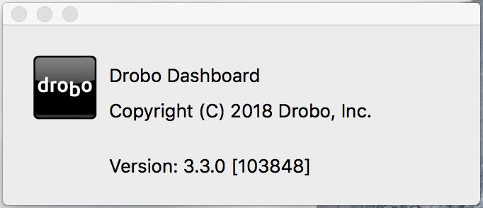 A message box opens, showing the Drobo Dashboard version number. 5. Click the OK button to close the message box.