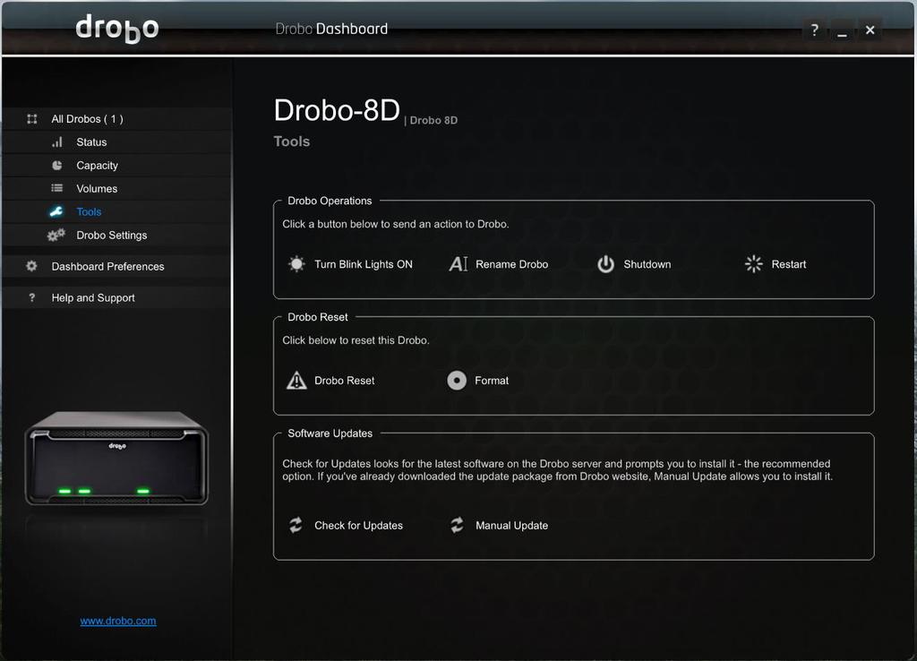 1.4.3 Formatting the Drobo 8D When you first set up the Drobo 8D, you are soon prompted to format the drives in your device. You may choose to re-format the drives at anytime thereafter.