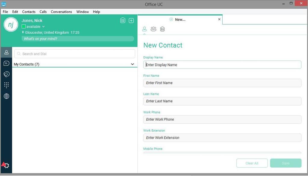 Add Contact Manually Click on the plus button in the green highlighted area which will bring up a new contact window and complete all the relevant details By default, your presence information is