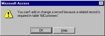 Figure 1-9 Figure 1-10 Because a record doesn t exist in the tblcustomers table, referential integrity will not let you add an orphan record.