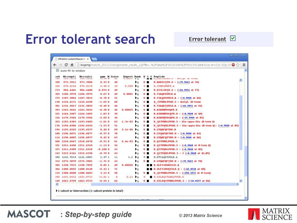 As mentioned several times already, an error tolerant search is the most efficient way to discover most post-translational modifications, as well as non-specific peptides and sequence variants.