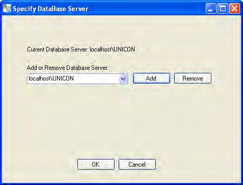 The Specify Database Server screen will be displayed. 2. If you wish to change the connection string for the database server, select or type in the appropriate values.