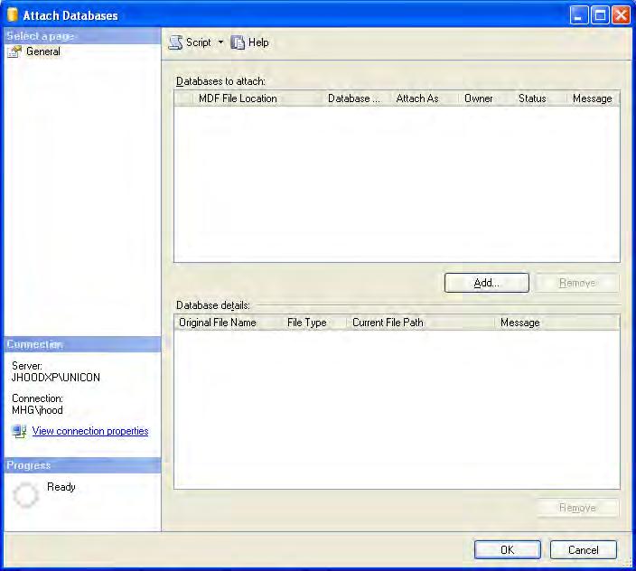 6. Click on Connect to connect to the UNICON instance of the Microsoft SQL Server Database Engine. The SQL Server Management Studio Express Object Explorer is displayed. 7.