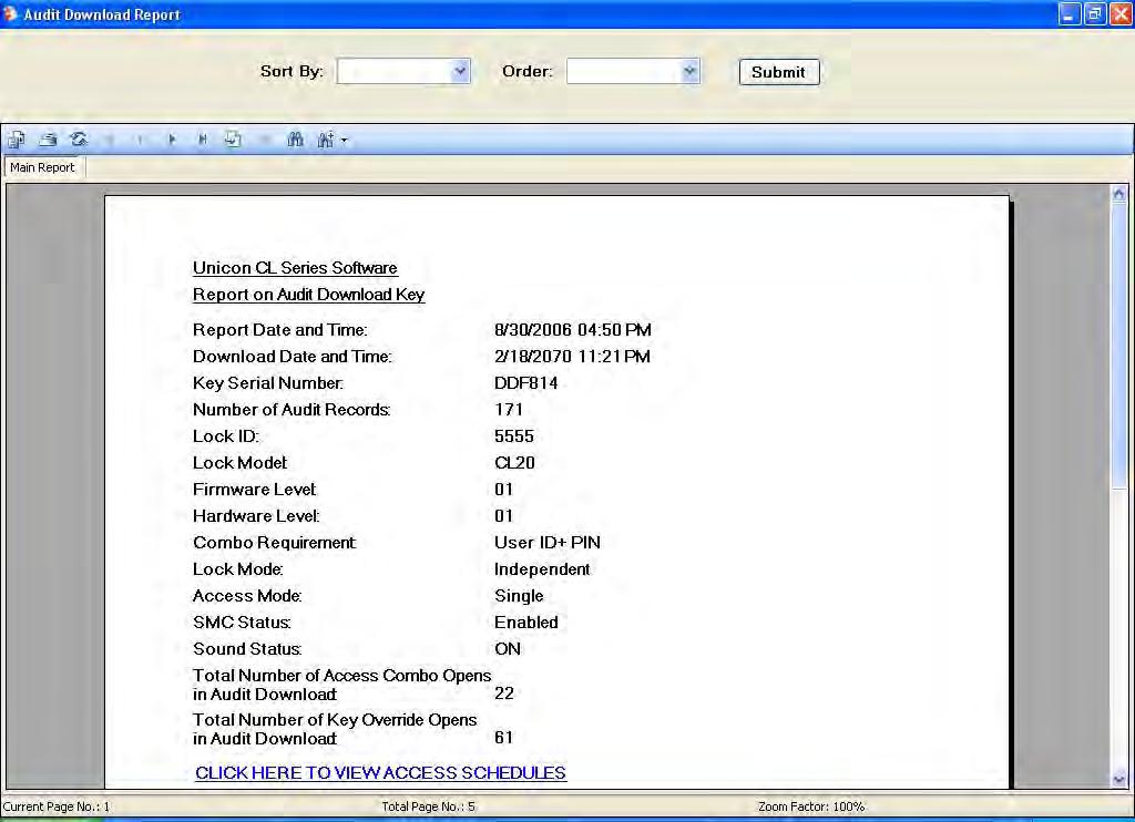 Model CL20 Audit Data Report For audit data from a Model CL20 lock, the following screen is displayed.
