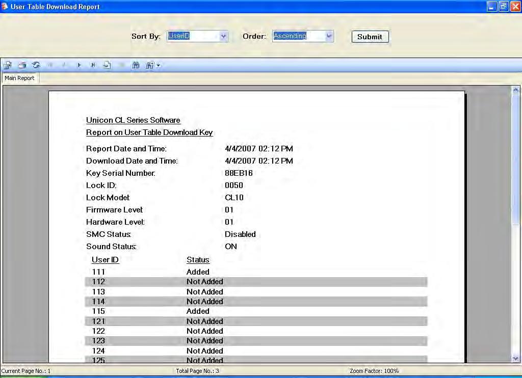 Model CL10 User Table Report For a user table from a Model CL10 lock, the following screen is displayed. You can change the Zoom on the report or page down to see all of the user records.
