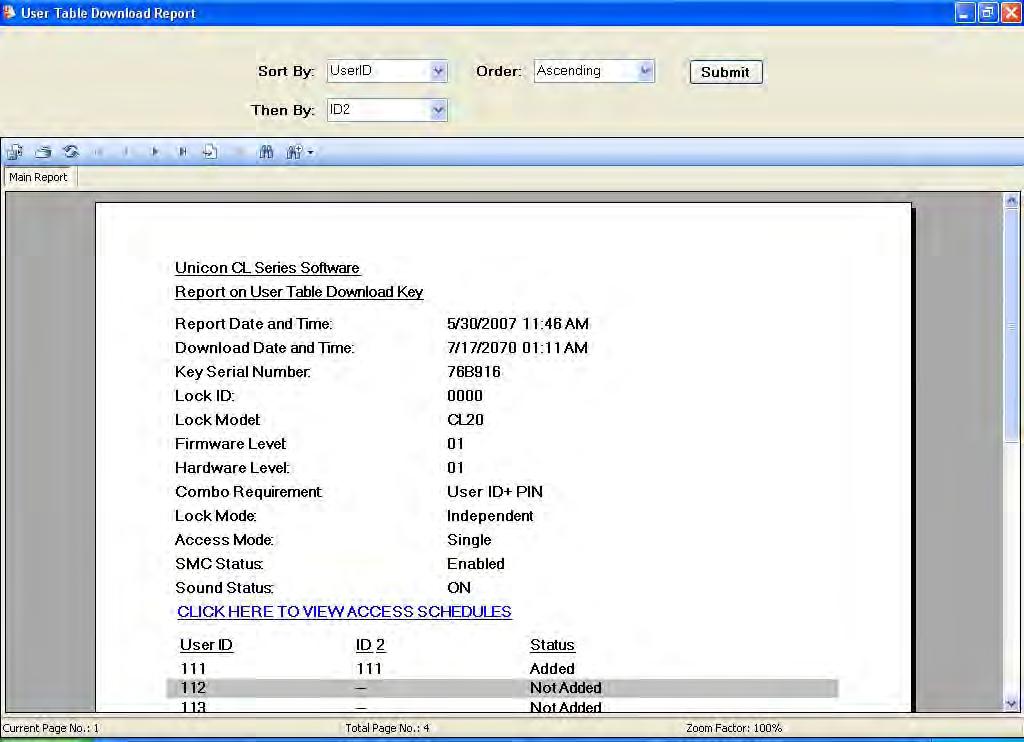 Model CL20 User Table Report For a user table from a Model CL20 lock, the following screen is displayed. You can change the Zoom on the report or page down to see all of the user records.