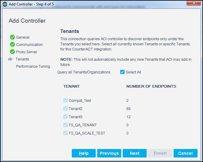 Tenants In the Tenants pane (Step 4), select the ACI tenant groups that the plugin monitors when querying an APIC managing the ACI fabric.
