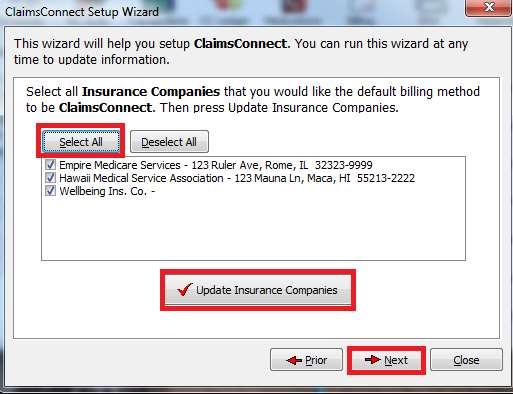 The next screen is for setting up the Insurance Company Billing methods.
