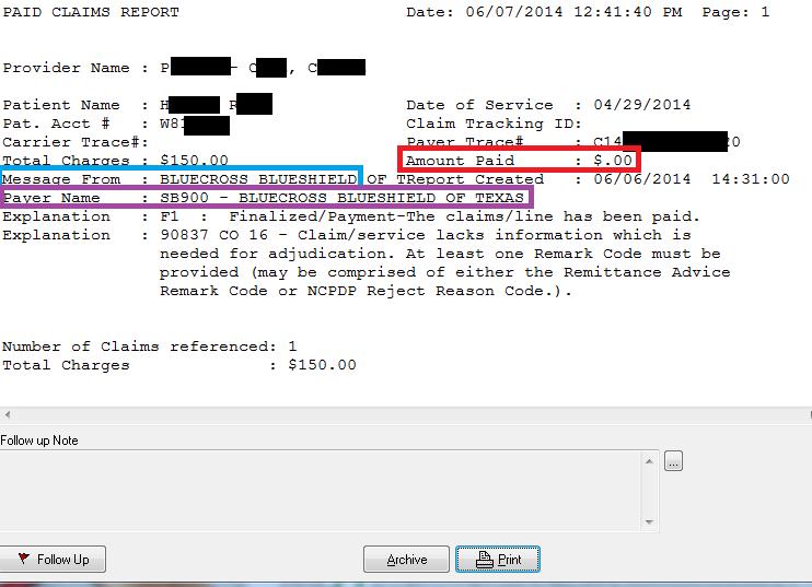 The next type of report is the PAID report. The PAID report will indicate who the message is from (BLUE BOX).