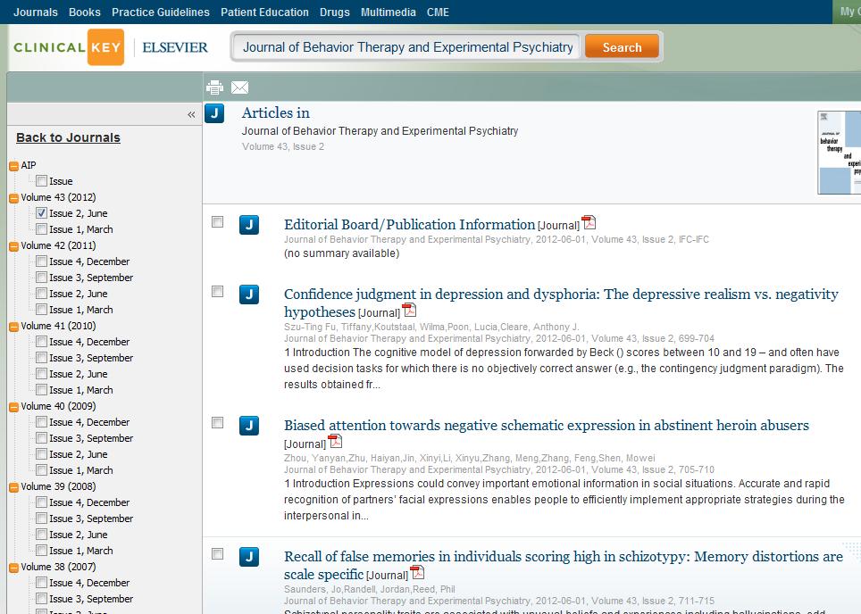 3. In the center panel, click a journal title. The left panel displays the journal by year and volume number and issues within each volume.