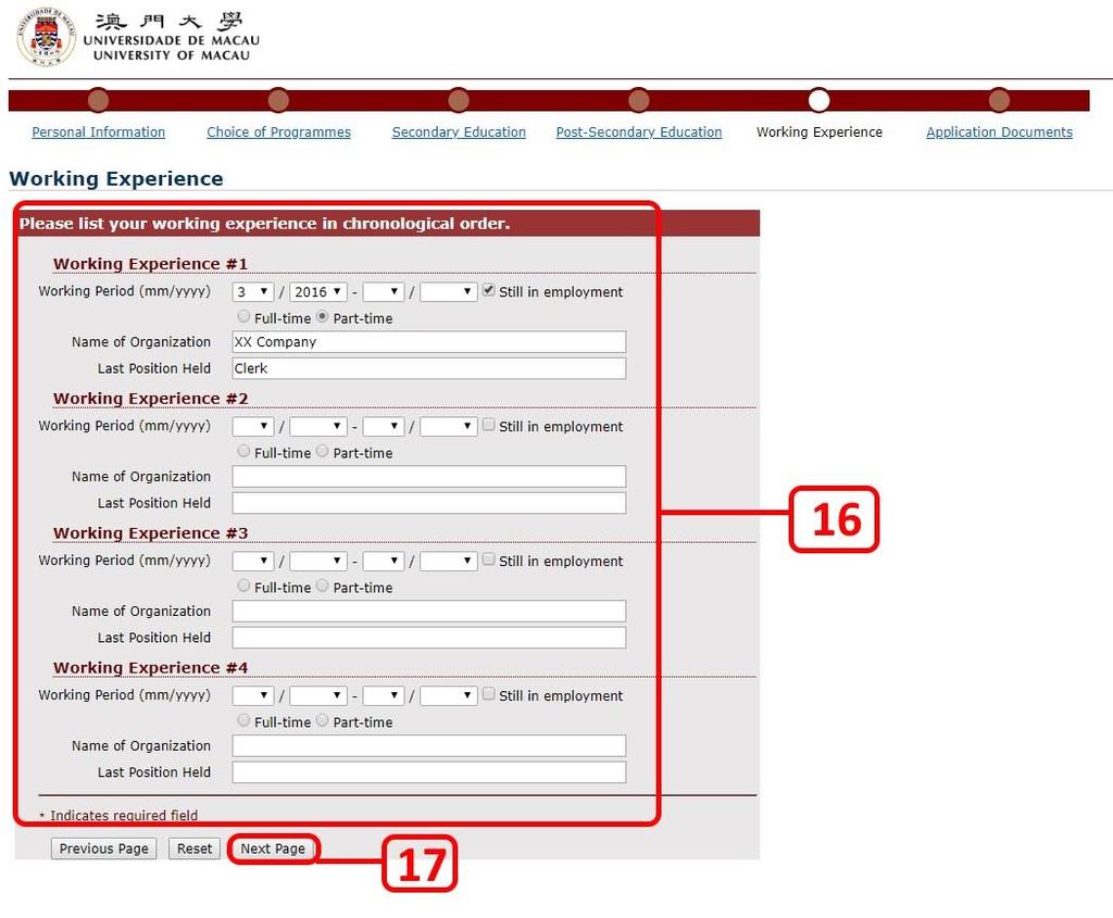 16) Please fill in the working experience in chronological