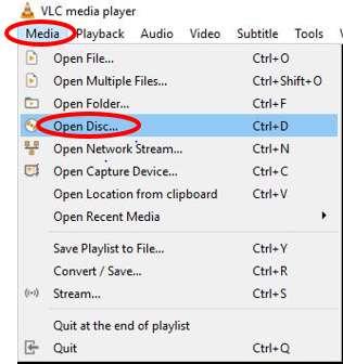 After opening the VLC Media player, click on Media then Open Disc (or press the Ctrl key plus the D key simultaneously). 2.