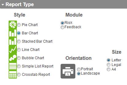 1. Report Type is used to define the report style (bar chart, pie chart, etc) and the report orientation.