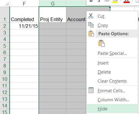 Hiding and Deleting Columns Once you have changed the columns for your template, you should remove from view the other columns on the worksheet.