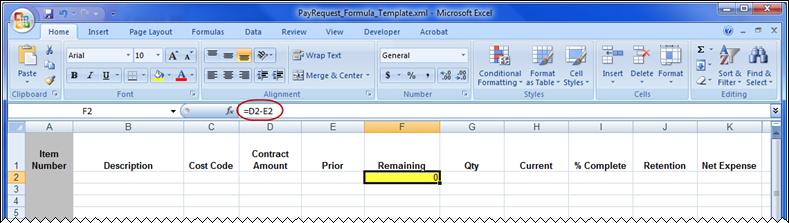 For example, for a Commitment document, you might want to enter Quantity and Rate in Microsoft Excel, have Excel calculate the resulting amount (Quantity x Rate), and then have that result appear in