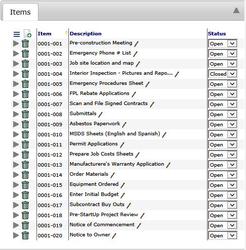 Page 29 Items in Spitfire document Spitfire Item file created from template. Some rows are marked for deletion.