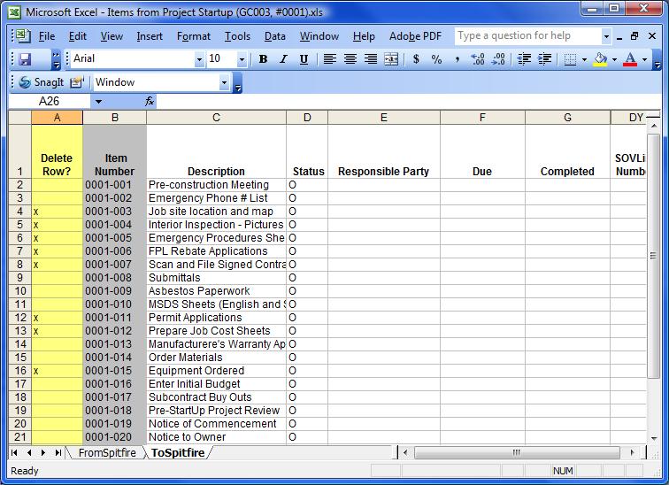A Via Excel template with a To_DeleteFlag column is used only when editing Items on a Spitfire document.