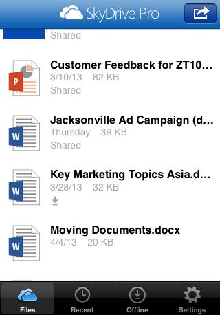 At the bottom of the SkyDrive Pro screen, do any of the following: Tap Files to show all SkyDrive Pro files. Tap Recent to show SkyDrive Pro files you ve opened most recently.