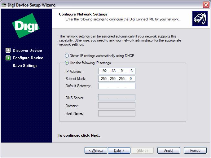 7. To configure network settings, make selections on this page: Obtain IP Address settings automatically using DHCP - this option requires a DHCP server to assign