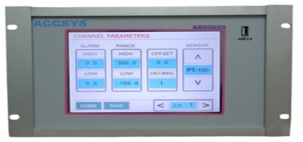 CHANNEL PARAMETER SETTINGS In Setting -> SET Channel Parameters, Select the Alarm Range, Offset, Decimal, Sensor and Channels. ALARM : Set the alarm range from the specified values.